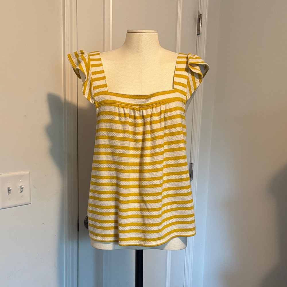 LOFT Yellow & White Striped Flutter-Sleeve Tank
